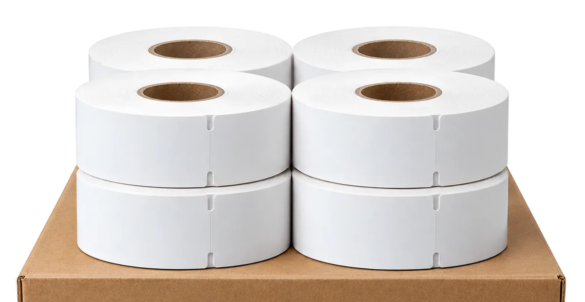 Zes rollen witte thermische kaartjes 50x152 mm op een kartonnen doos