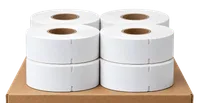 Zes rollen witte thermische kaartjes 50x152 mm op een kartonnen doos