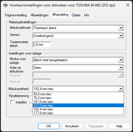Afdruksnelheid — stap omlaag