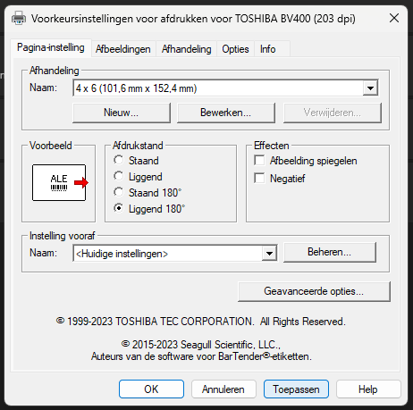 Afdrukstand: Liggend 180°